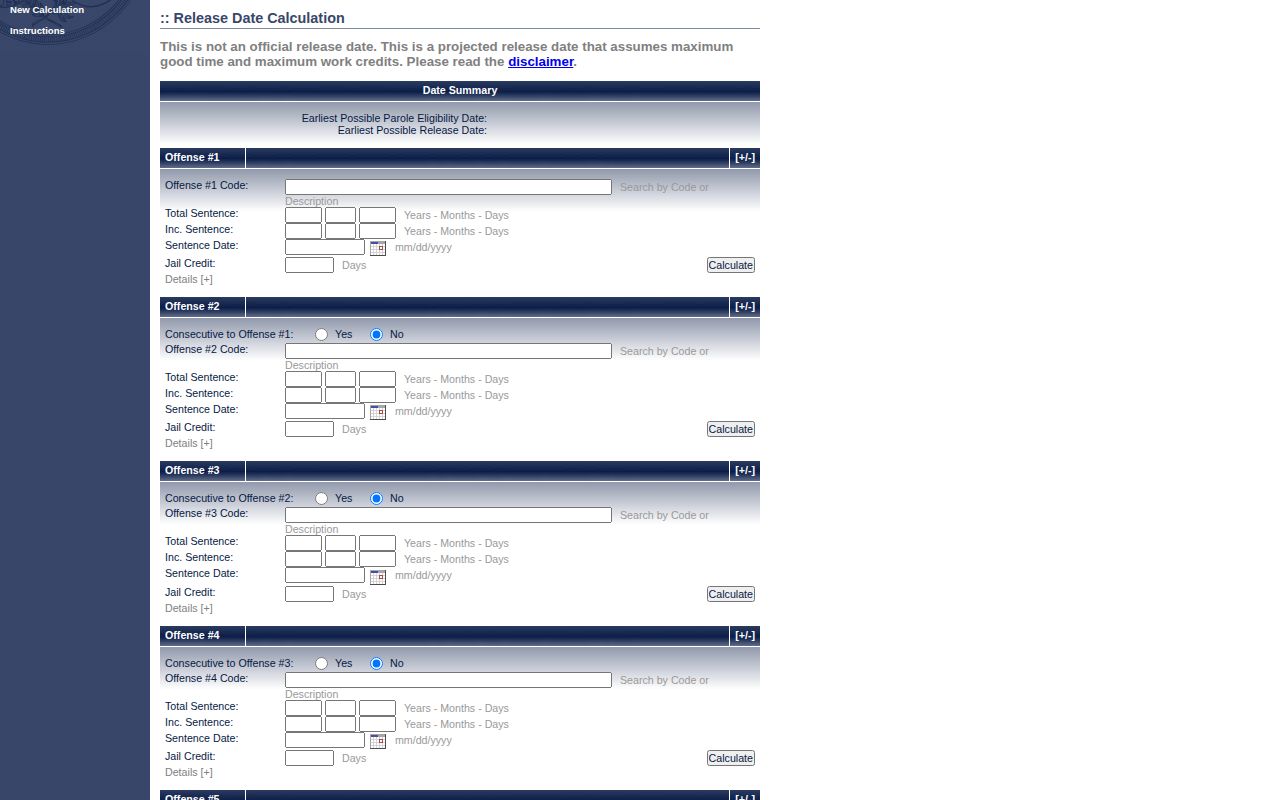 Union County SCDC projected release date calculator disclaimer and inputs