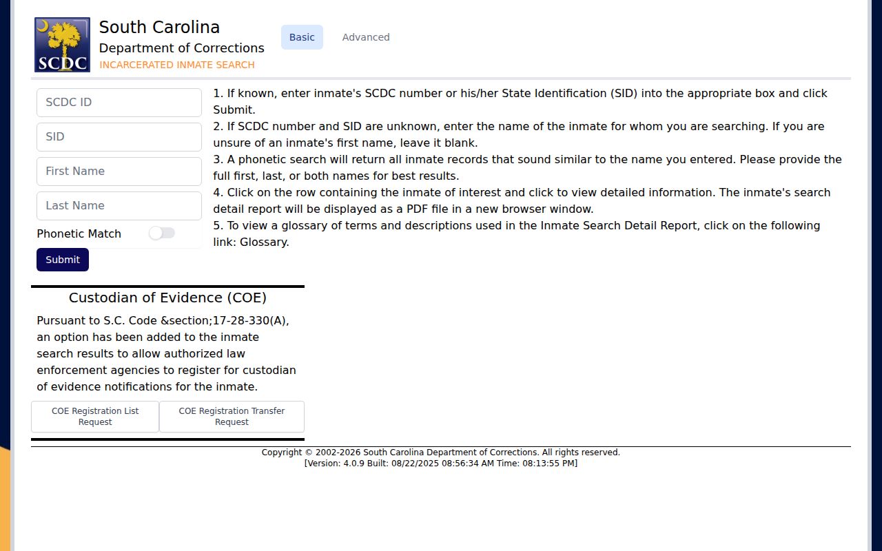 Union County inmate projected release date field in SCDC search