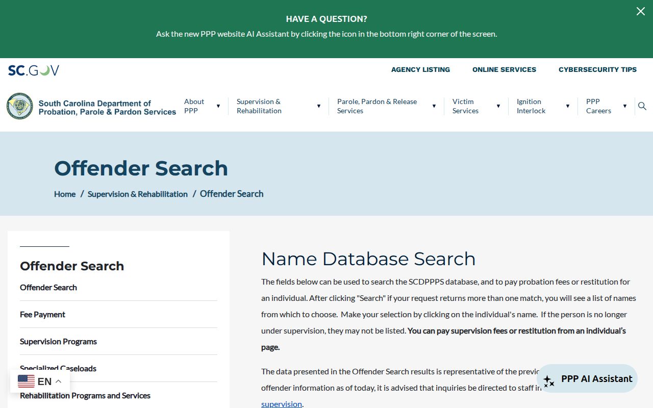 Union County parole and probation offender search fields