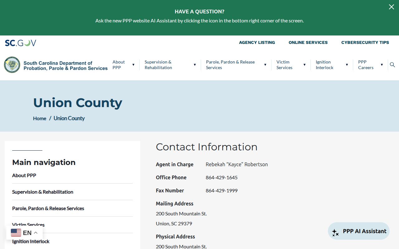 Union County parole and probation office directory and supervision categories